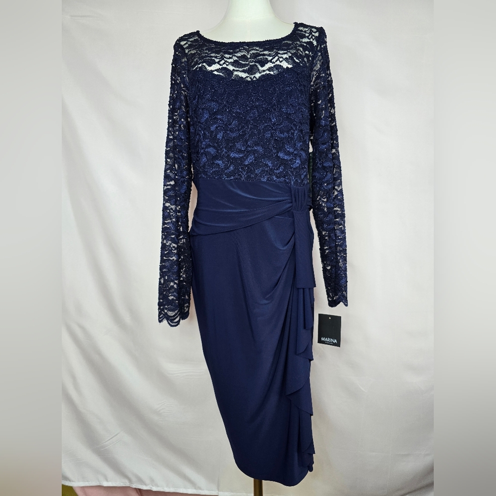 Marina Women's Navy Lace Dress Size 14, With Scallop Sleeves And Side Zipper.